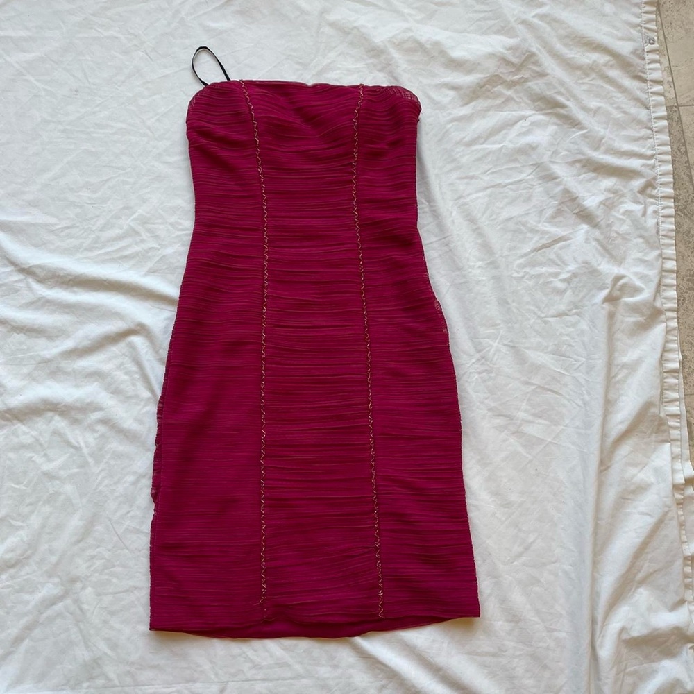 Sue Wong red pink mesh sheer lace sequin beaded mini midi dress